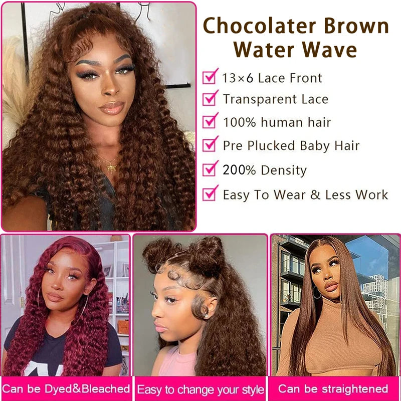 13x6 13x4 Water Wave Chocolate Brown Lace Front Human Hair Wigs For Women Pre Plucked #4 Colored Deep Wave Lace Frontal Wig 180% BeautiMass