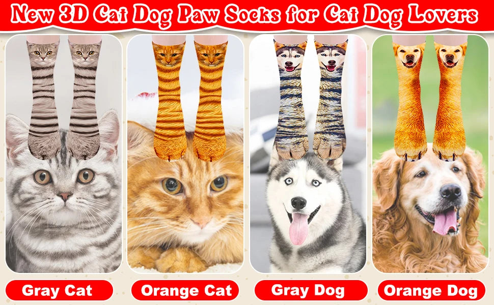 2 Pair Cat Dog Funny Animal Paw Socks Crazy Novelty,Claw Socks Christmas Stocking Stuffers 3D Newest Cat Dog Orange Paw Socks BeautiMass