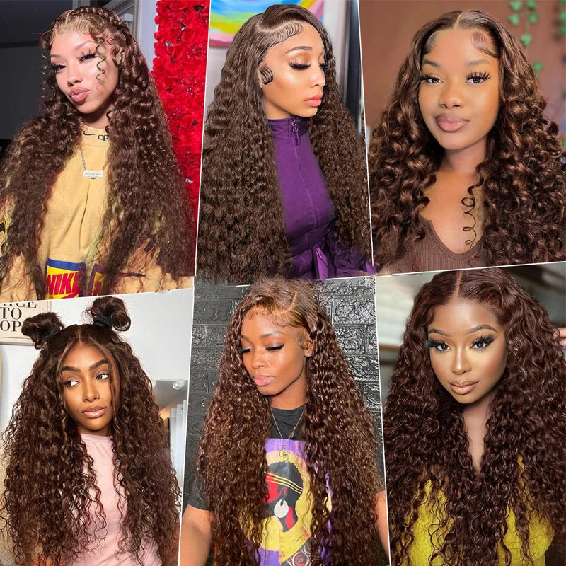 13x6 13x4 Water Wave Chocolate Brown Lace Front Human Hair Wigs For Women Pre Plucked #4 Colored Deep Wave Lace Frontal Wig 180% BeautiMass