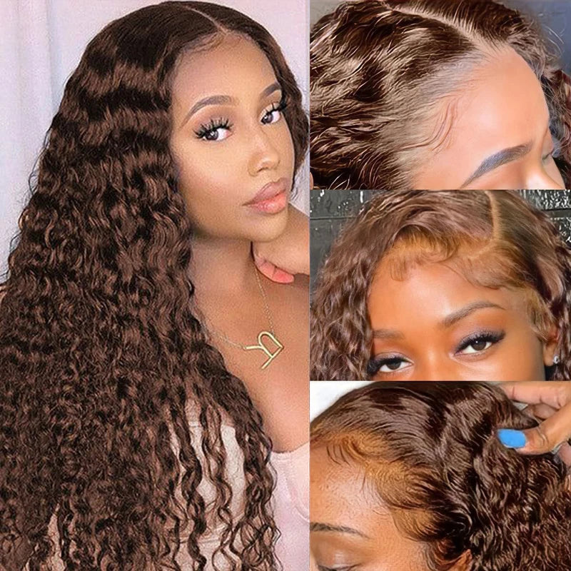 13x6 13x4 Water Wave Chocolate Brown Lace Front Human Hair Wigs For Women Pre Plucked #4 Colored Deep Wave Lace Frontal Wig 180% BeautiMass