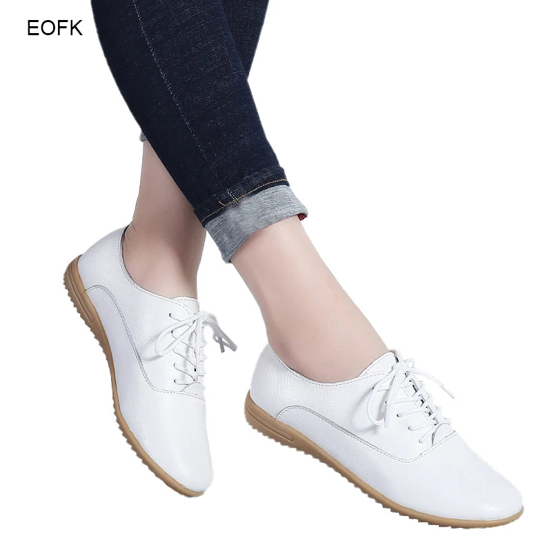 Women Medical Oxford Comfortable Casual Leather Shoes ballet Flats Lace up Soft - BeautiMass