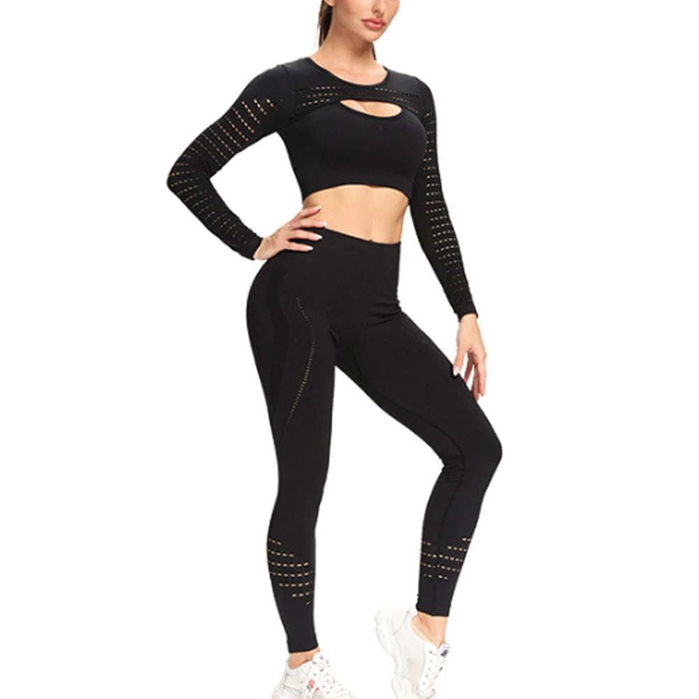 Women Sports Suit Seamless High Waist Long Sleeve Leggings Yoga Workout Gym Set - BeautiMass