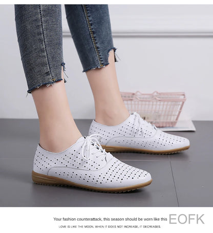 Women Medical Oxford Comfortable Casual Leather Shoes ballet Flats Lace up Soft - BeautiMass