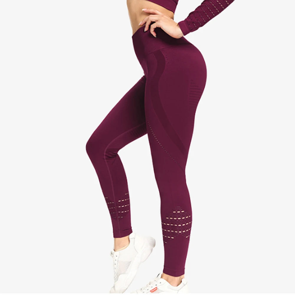 Women Sports Suit Seamless High Waist Long Sleeve Leggings Yoga Workout Gym Set - BeautiMass