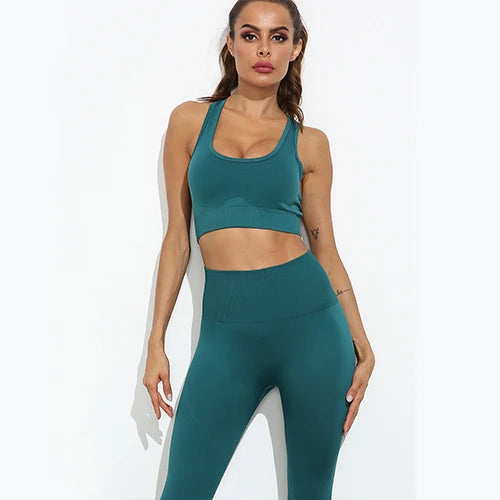 Women Seamless Yoga Set Fitness Sports Suits Gym Clothing Long Sleeve Crop Top Shirts High Waist - BeautiMass