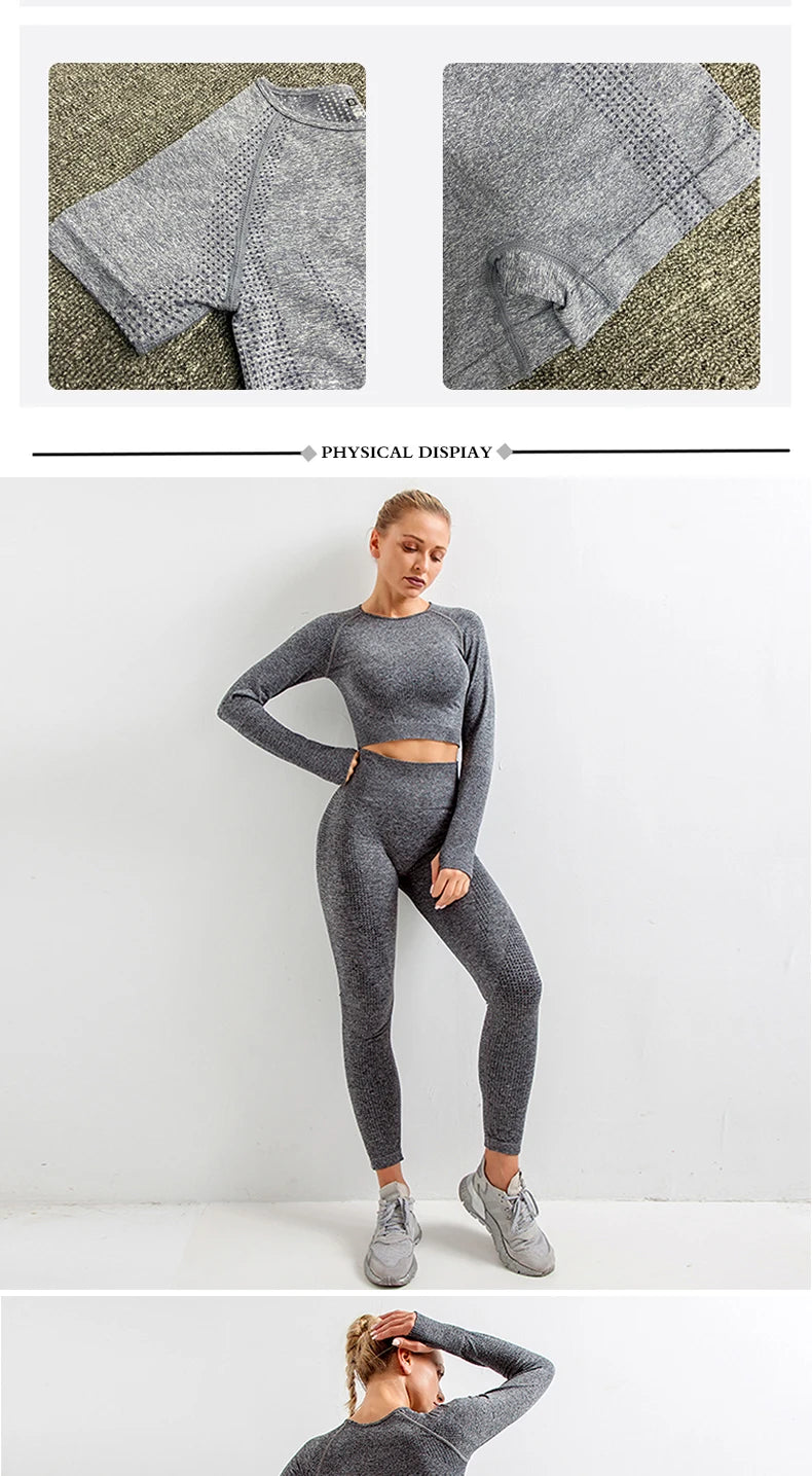 2/3/5PCS Seamless Women Yoga Set Workout Long Sleeve Fitness Sportswear Leggings Suits - BeautiMass