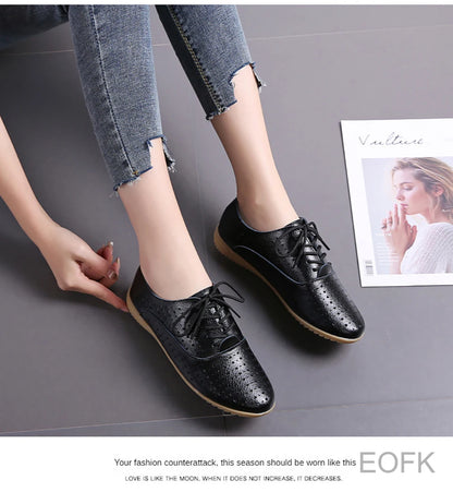 Women Medical Oxford Comfortable Casual Leather Shoes ballet Flats Lace up Soft - BeautiMass