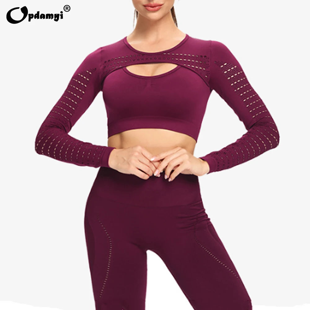 Women Sports Suit Seamless High Waist Long Sleeve Leggings Yoga Workout Gym Set - BeautiMass