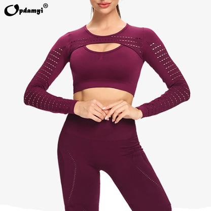 Women Sports Suit Seamless High Waist Long Sleeve Leggings Yoga Workout Gym Set - BeautiMass