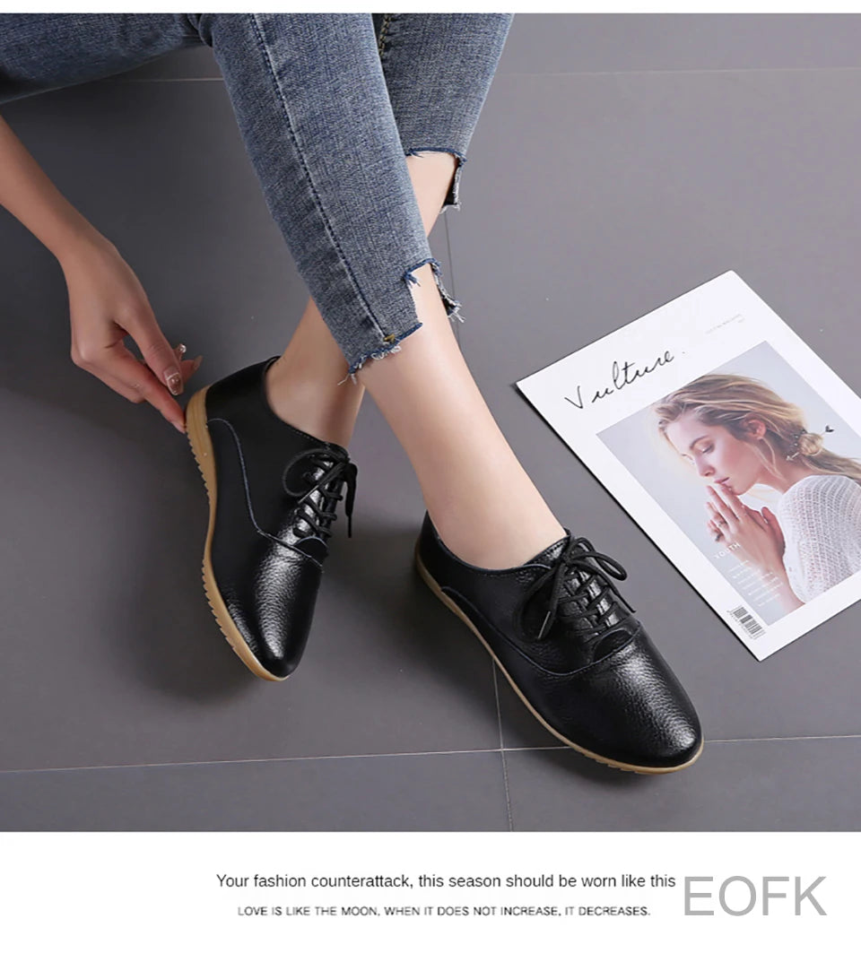 Women Medical Oxford Comfortable Casual Leather Shoes ballet Flats Lace up Soft - BeautiMass