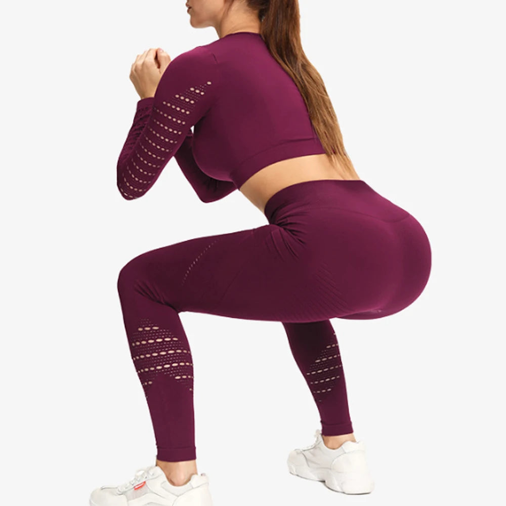 Women Sports Suit Seamless High Waist Long Sleeve Leggings Yoga Workout Gym Set - BeautiMass