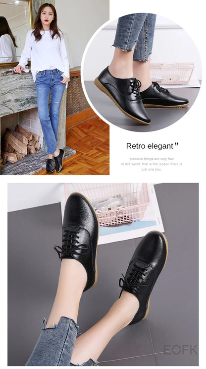 Women Medical Oxford Comfortable Casual Leather Shoes ballet Flats Lace up Soft - BeautiMass