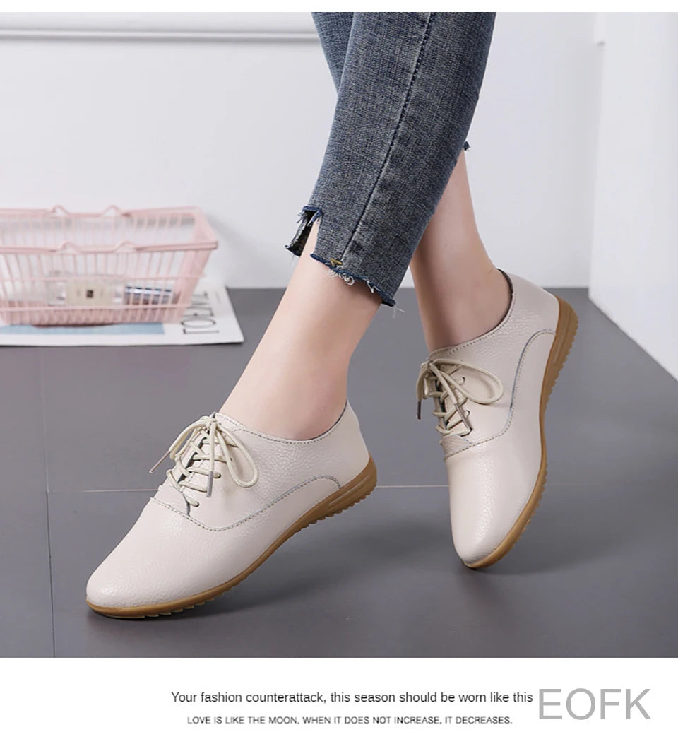 Women Medical Oxford Comfortable Casual Leather Shoes ballet Flats Lace up Soft - BeautiMass