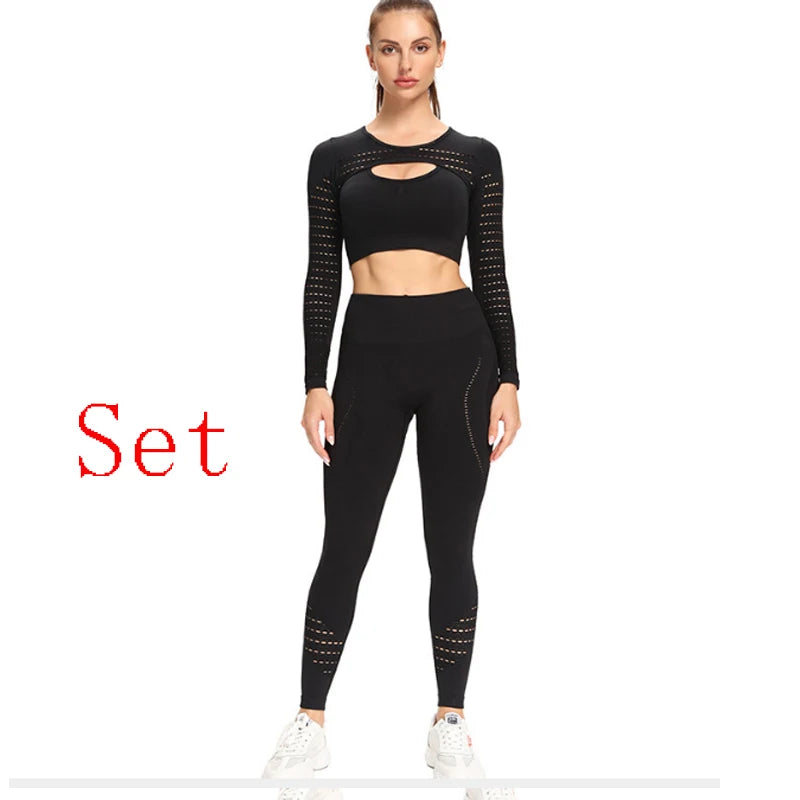 Women Sports Suit Seamless High Waist Long Sleeve Leggings Yoga Workout Gym Set - BeautiMass