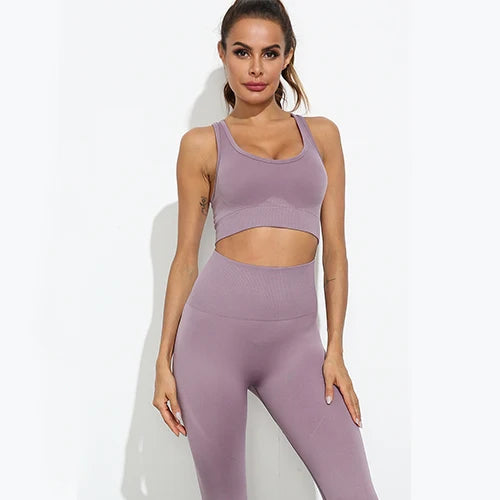 Women Seamless Yoga Set Fitness Sports Suits Gym Clothing Long Sleeve Crop Top Shirts High Waist - BeautiMass