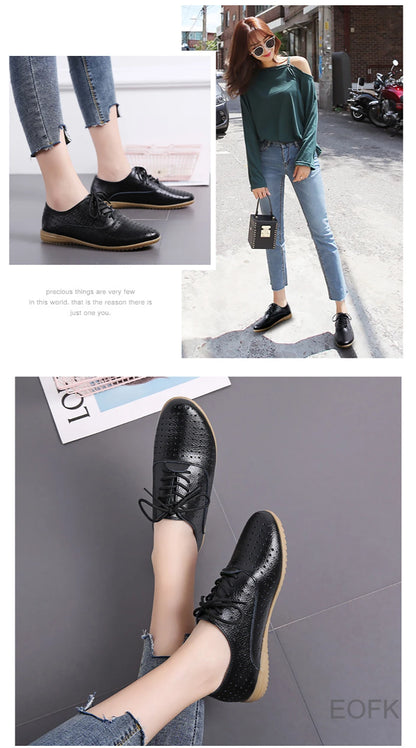 Women Medical Oxford Comfortable Casual Leather Shoes ballet Flats Lace up Soft - BeautiMass