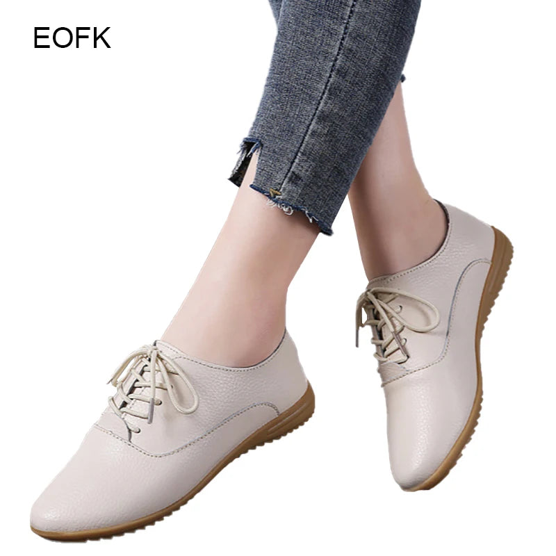 Women Medical Oxford Comfortable Casual Leather Shoes ballet Flats Lace up Soft - BeautiMass