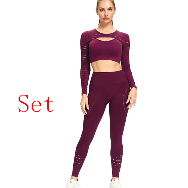 Women Sports Suit Seamless High Waist Long Sleeve Leggings Yoga Workout Gym Set - BeautiMass