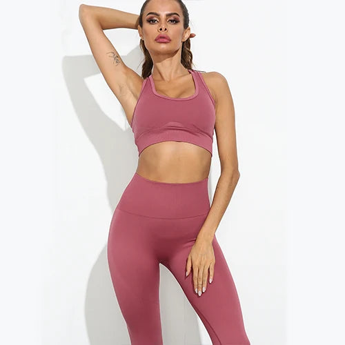 Women Seamless Yoga Set Fitness Sports Suits Gym Clothing Long Sleeve Crop Top Shirts High Waist - BeautiMass