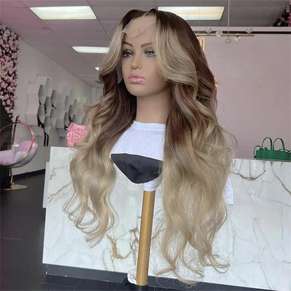 180 Density13x4 Ombre Ash Blonde Body Wave HD Transparent Lace Front Wig Ready To Wear And Go Cosplay Small Meddile Large Size BeautiMass