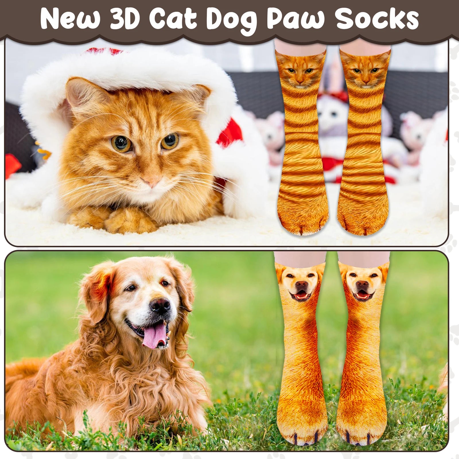 2 Pair Cat Dog Funny Animal Paw Socks Crazy Novelty,Claw Socks Christmas Stocking Stuffers 3D Newest Cat Dog Orange Paw Socks BeautiMass