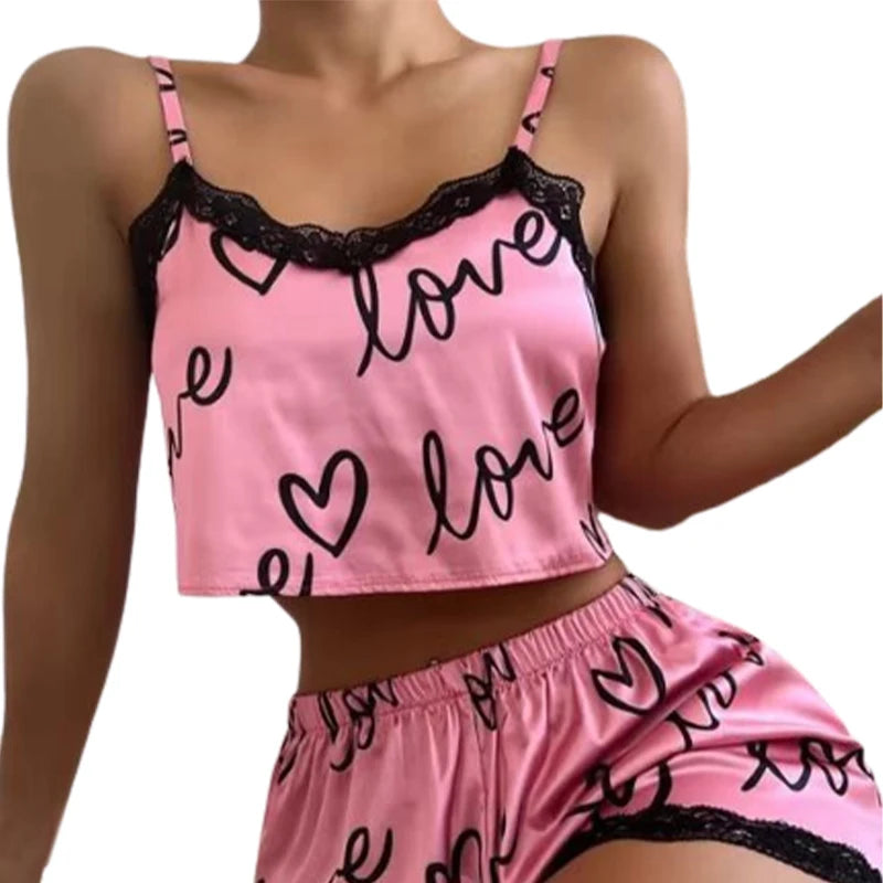 2 Pieces Set Shorts Suit Homewear Print Underwear Pijama Sexy Ladies Sleepwear - BeautiMass