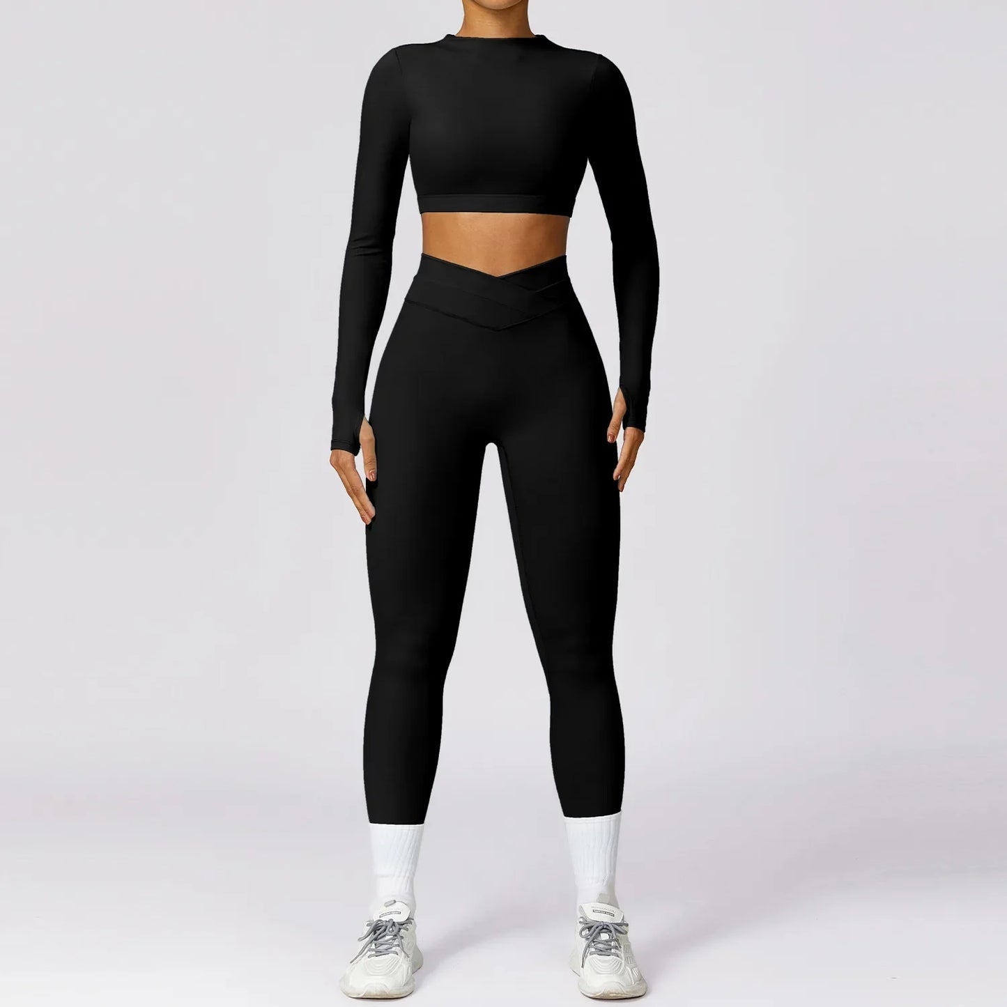 Women Yoga Gym Set 2 Pieces Tracksuits Workout Sports Clothing Fitness Long Sleeve Crop Top High Waist Leggings Sports Suits - BeautiMass