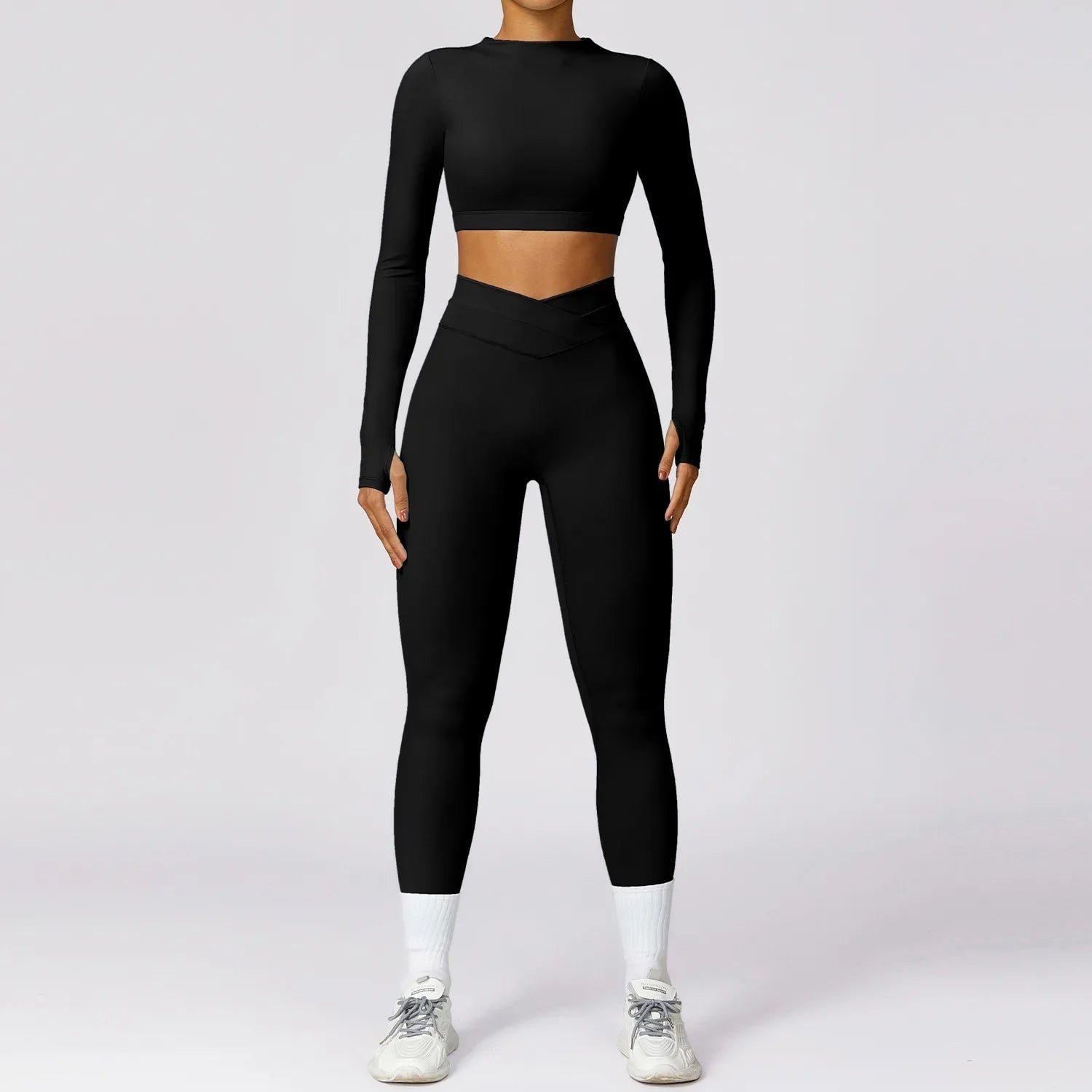 Women Yoga Gym Set 2 Pieces Tracksuits Workout Sports Clothing Fitness Long Sleeve Crop Top High Waist Leggings Sports Suits - BeautiMass