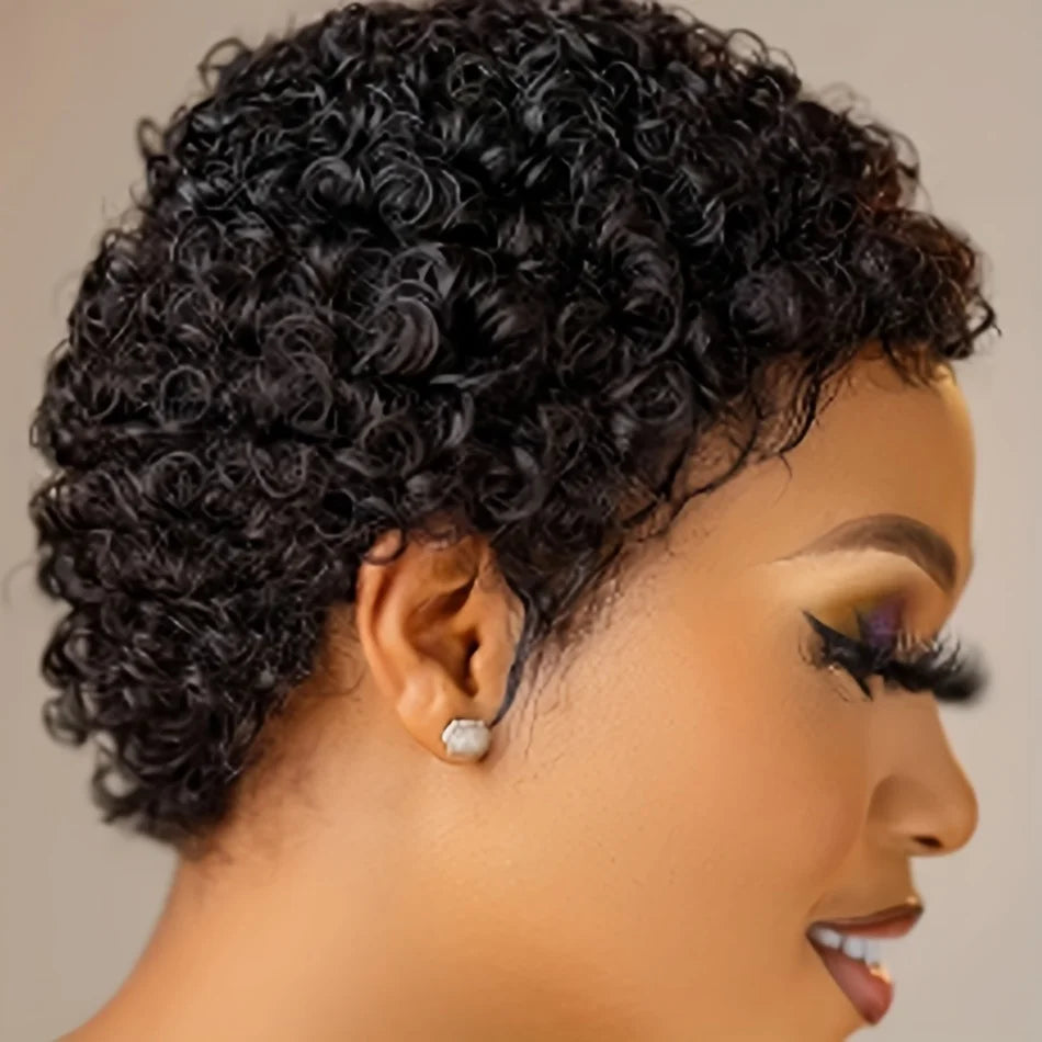 short afro curly black color 150% density pixie cut human hair machine made remy hair wig - BeautiMass