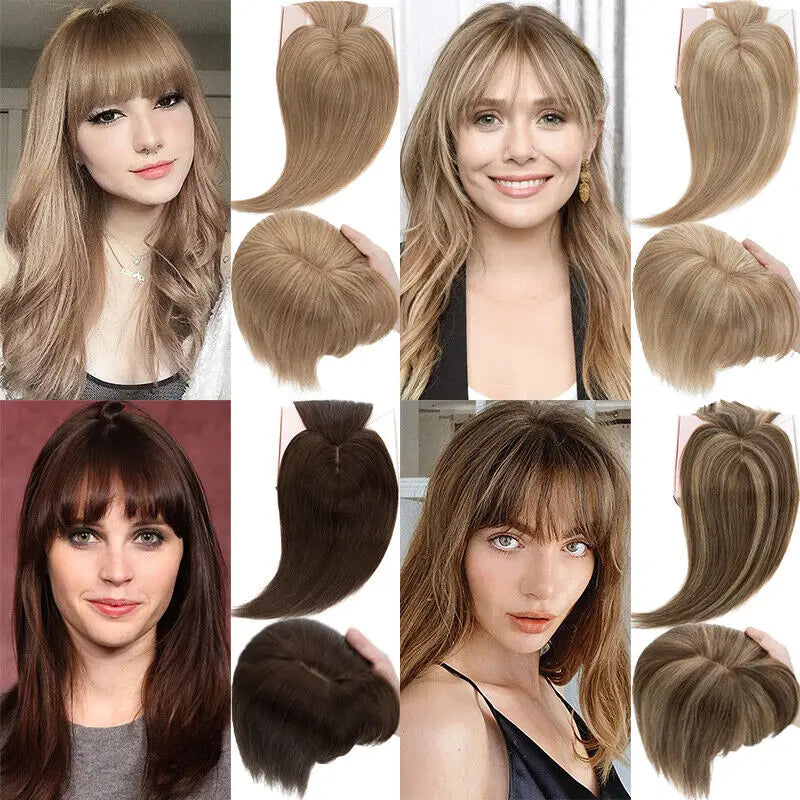 Women Toupee Silk Base Topper Clip In Real Human Hair Wigs Hairpiece With Bangs Straight Hair Toppers For Women Hair Extensions BeautiMass