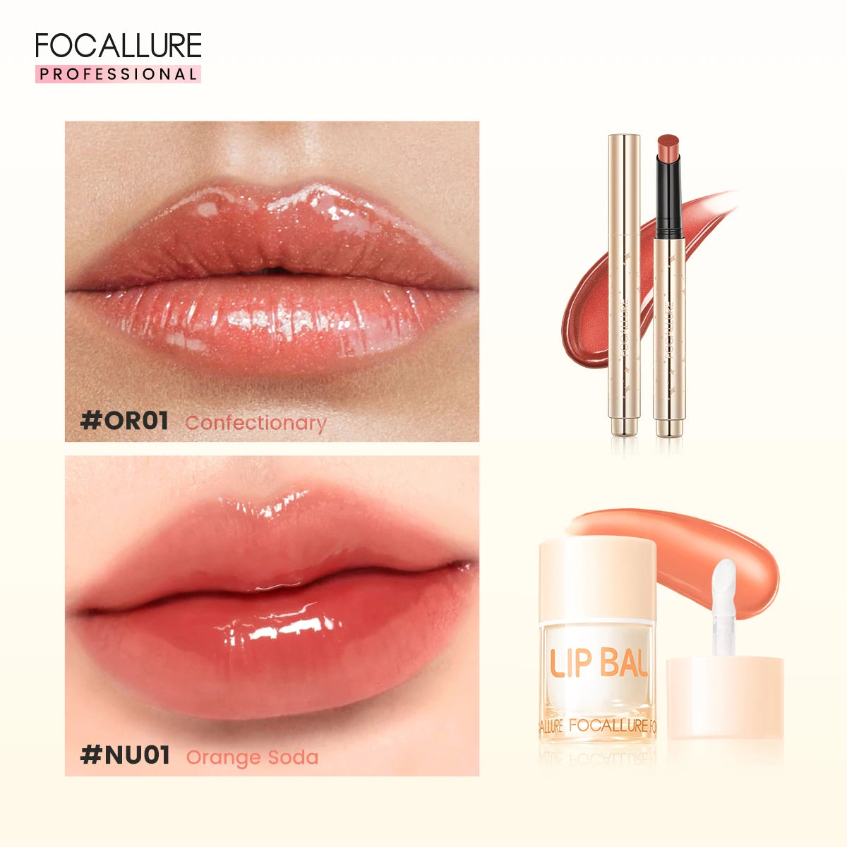 FOCALLURE 2 Pcs Lips Makeup Set Pearlescent Lipstick Pen Non-Sticky Mirror Lip Glosses Moisturizing Lip Balm Lipstick Cosmetics BeautiMass