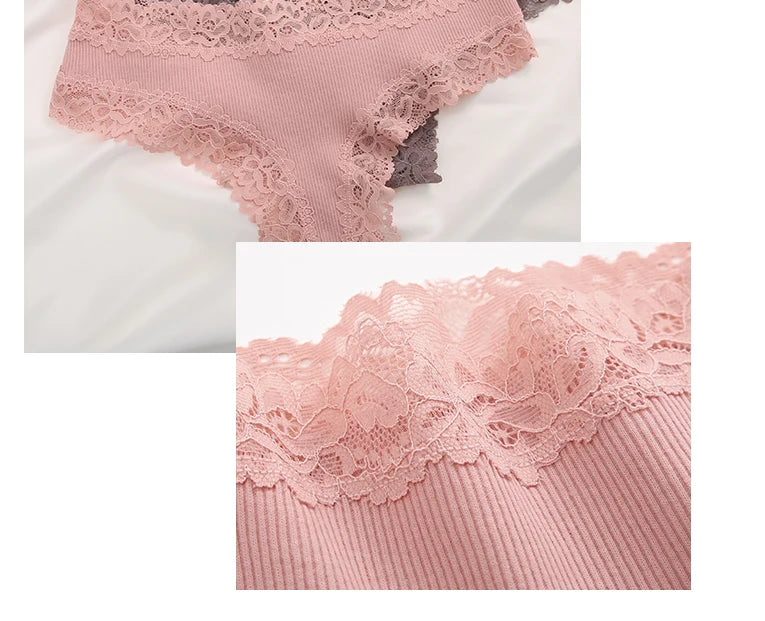 3PCS Lace Seamless Cotton Panties Ribbed Brazilian Low Waist Women Breathable Panties - BeautiMass