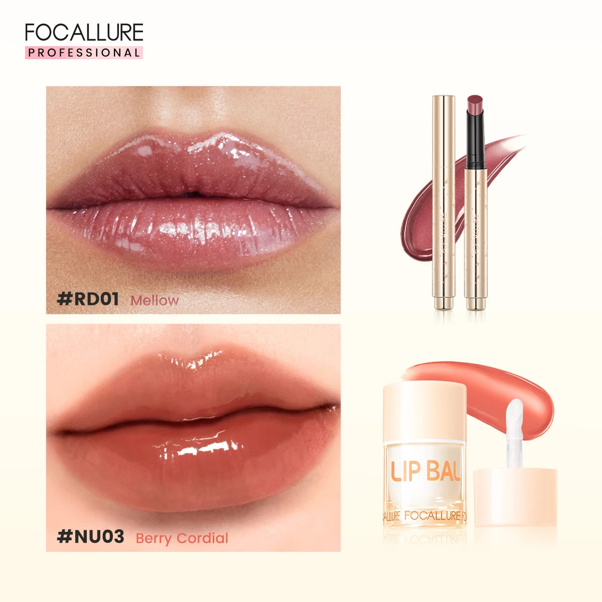 FOCALLURE 2 Pcs Lips Makeup Set Pearlescent Lipstick Pen Non-Sticky Mirror Lip Glosses Moisturizing Lip Balm Lipstick Cosmetics BeautiMass