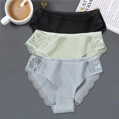 FINETOO 3Pcs/set Women Cotton Low-Rise Underwear Panties Trendy Patchwork Lace Briefs - BeautiMass