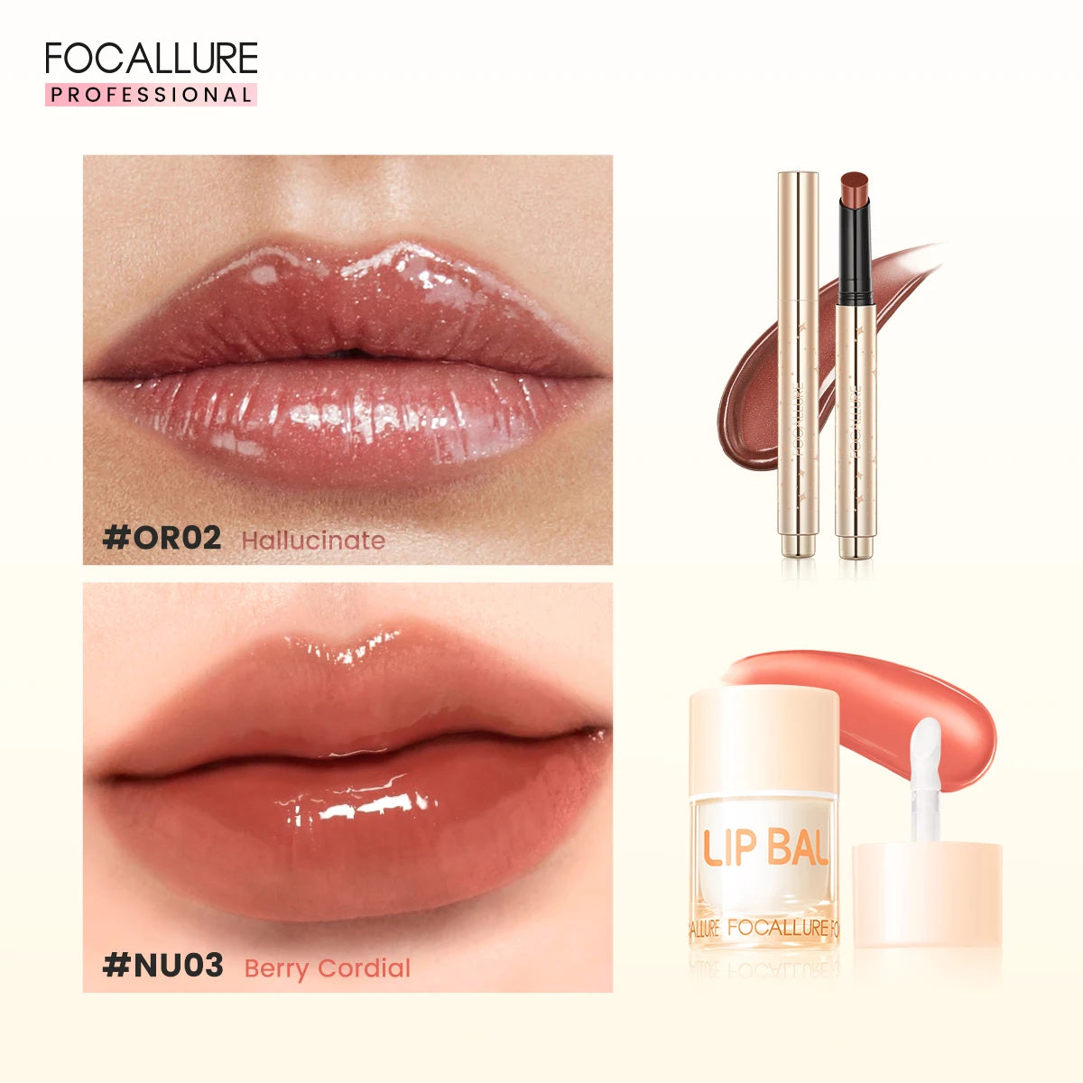 FOCALLURE 2 Pcs Lips Makeup Set Pearlescent Lipstick Pen Non-Sticky Mirror Lip Glosses Moisturizing Lip Balm Lipstick Cosmetics BeautiMass