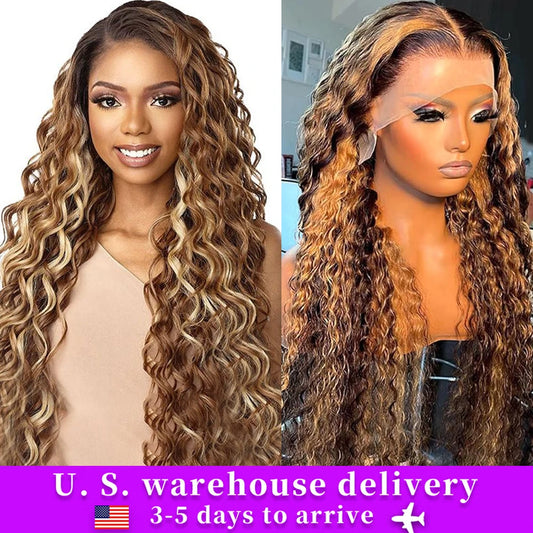 Curly Deep Wave Lace Front Wig Human Hair 13x6 Lace Closure Curly Highlight Ombre 4/27 Preplucked Hairline Pre For Women 38inch BeautiMass