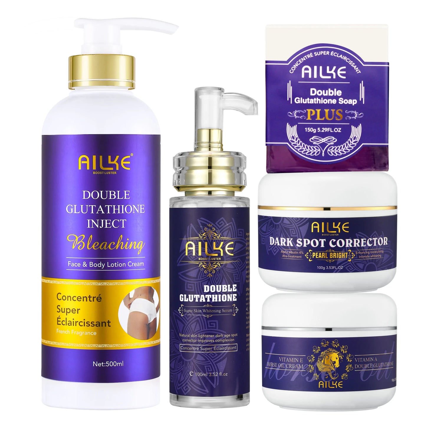 AILKE Skin Care Set With Double Glutathione, Brightening, Lightening, Antioxidant, Reduce Blemish, Clean Skin - BeautiMass