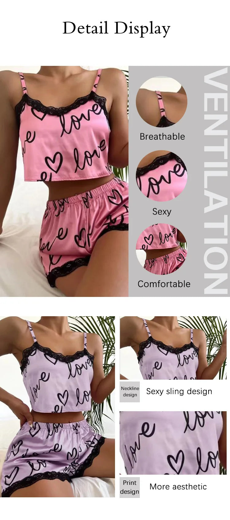 2 Pieces Set Shorts Suit Homewear Print Underwear Pijama Sexy Ladies Sleepwear - BeautiMass