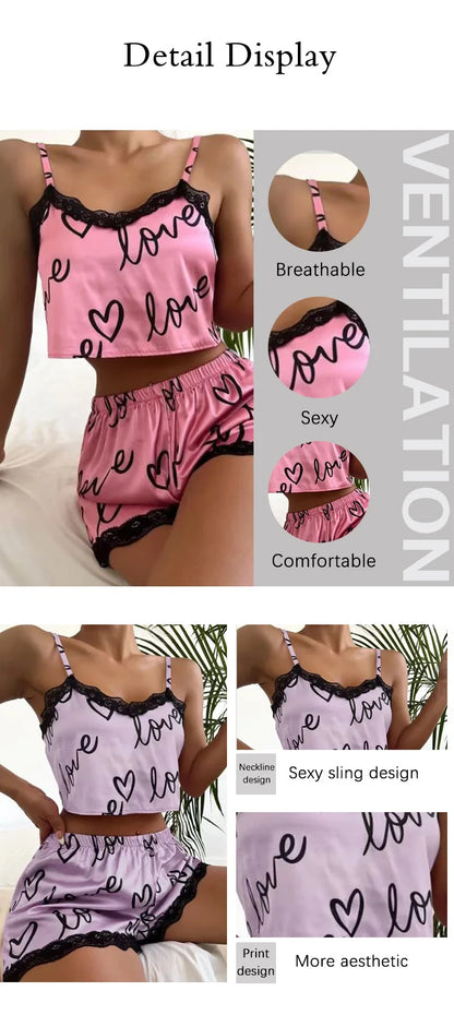 2 Pieces Set Shorts Suit Homewear Print Underwear Pijama Sexy Ladies Sleepwear - BeautiMass