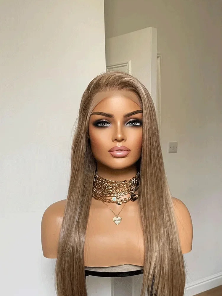 Synthetic Wig Dark Blonde Lace Wig With 13x4 Soft Lace Long Straight Hair Wig With Free Part Use Pre plucked Realistic BeautiMass