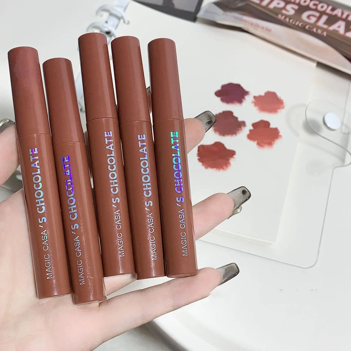 5Pcs/Set Chocolate Color Lip Glaze Tint Velvet Matte Lipstick Korean Cosmetics Long-lasting Lip Gloss Lipstick Milk Coffee Color BeautiMass