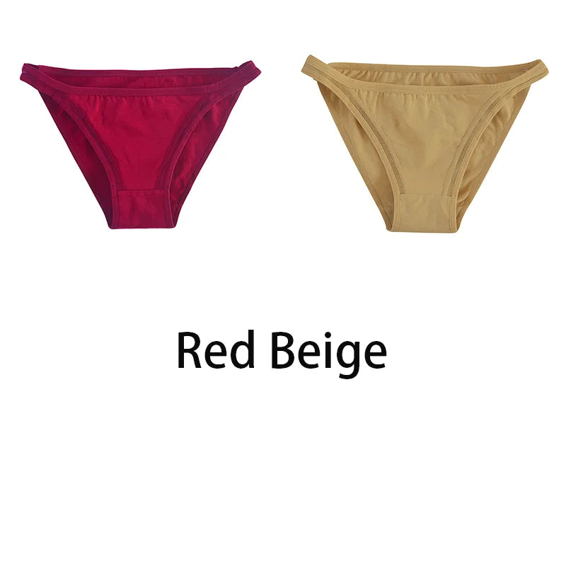 2Pcs/set Women Cotton Panties Mesh Underwear Solid Color Bikini Briefs Underpants - BeautiMass