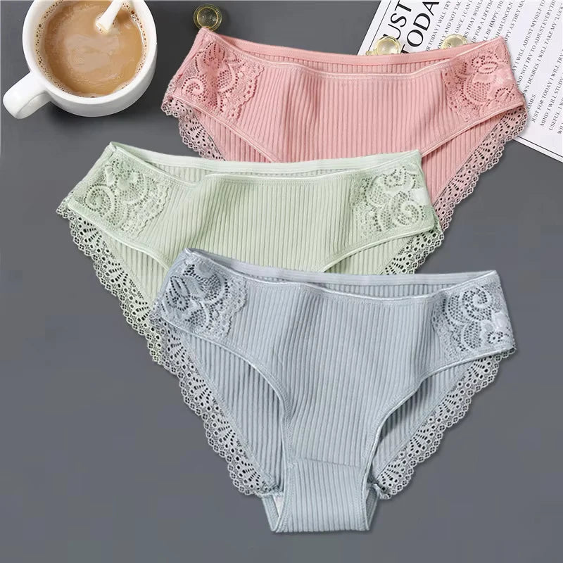 FINETOO 3Pcs/set Women Cotton Low-Rise Underwear Panties Trendy Patchwork Lace Briefs - BeautiMass