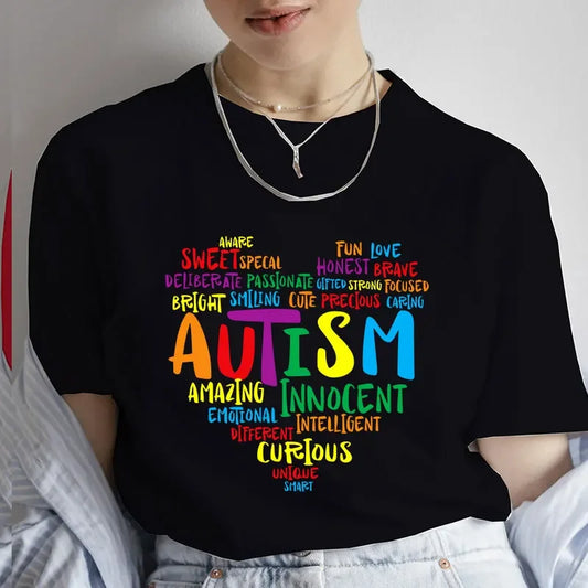 Autism Awareness Heart Print Graphic T-Shirt Women Clothes - BeautiMass