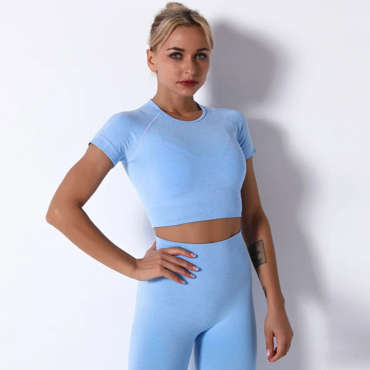 Yoga Sets Gym Women Sport Clothing Short Sleeve Top High Waist Leggings Sports Suit Workout Wear Fitness Suits Sportswear - BeautiMass