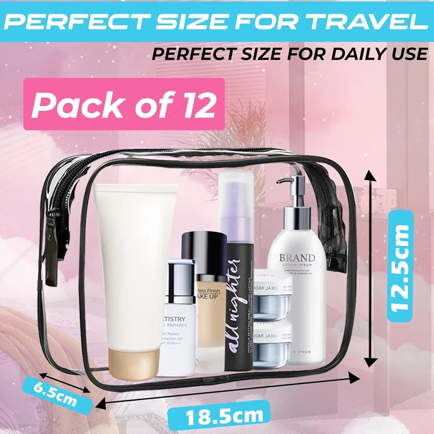 12PCS Transparent PVC Women Zipper Clear Makeup Beauty Bag - BeautiMass