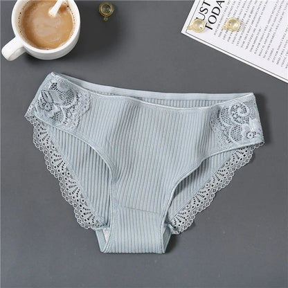 FINETOO 3Pcs/set Women Cotton Low-Rise Underwear Panties Trendy Patchwork Lace Briefs - BeautiMass