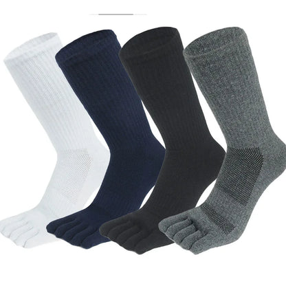 5 Pairs Long Mens Toe Compression Socks Cotton Solid Color Mid-Calf Mesh Breathable - BeautiMass