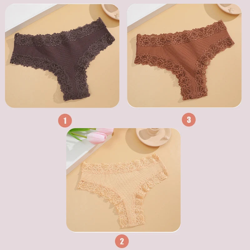 3PCS Lace Seamless Cotton Panties Ribbed Brazilian Low Waist Women Breathable Panties - BeautiMass