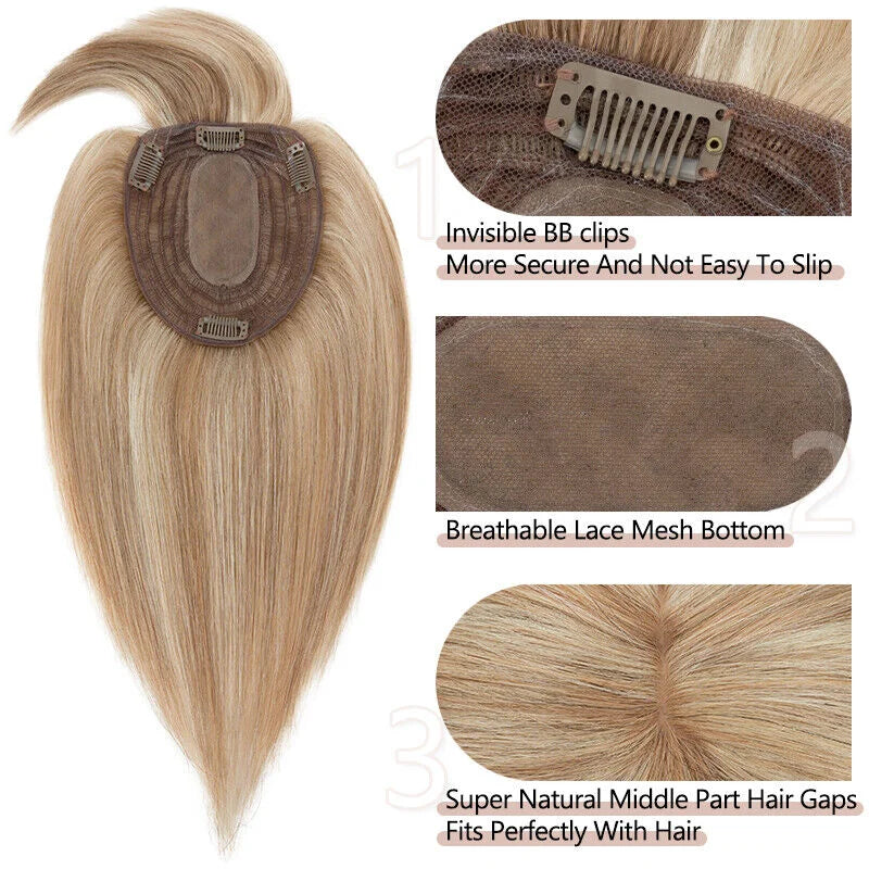 Silk Base Top Women Topper Clip In Real Human Hair Hairpiece Human Hair Extension Thin Breathable Blonde Toppers Hair Women Wig BeautiMass